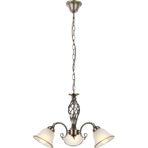 Globo Kronleuchter ODIN in Altmessing mit drei satinierten Glaslampen für E27 Leuchtmittel.