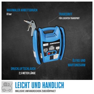 Blauer Güde Kompressor Airpower 180/08 mit Zubehör, ölfrei und tragbar.