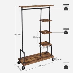 Vasagle Garderobe mit Rollen, braun-schwarz, mit Kleiderstange und Ablagen.