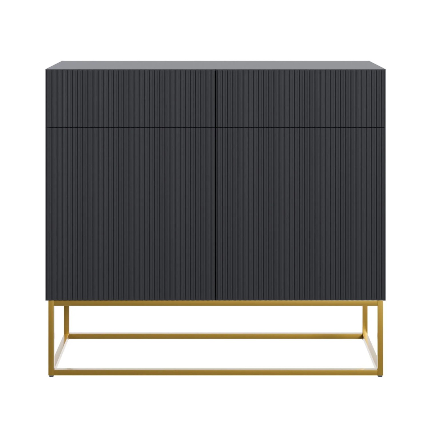 Selsey Sideboard Veldio, schwarz mit geriffelter Front und goldenen Metallbeinen. Moderne Kommode für Stauraum.