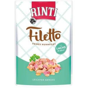 Rinti Filetto Hunde-Nassfutter Huhn mit Lachs in Jelly, 100g Packung.