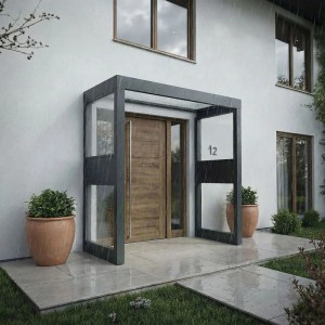 Modernes Palram Vordach Sophia 2150 mit Seitenwänden in Anthrazit und klarer Acrylglas-Überdachung.