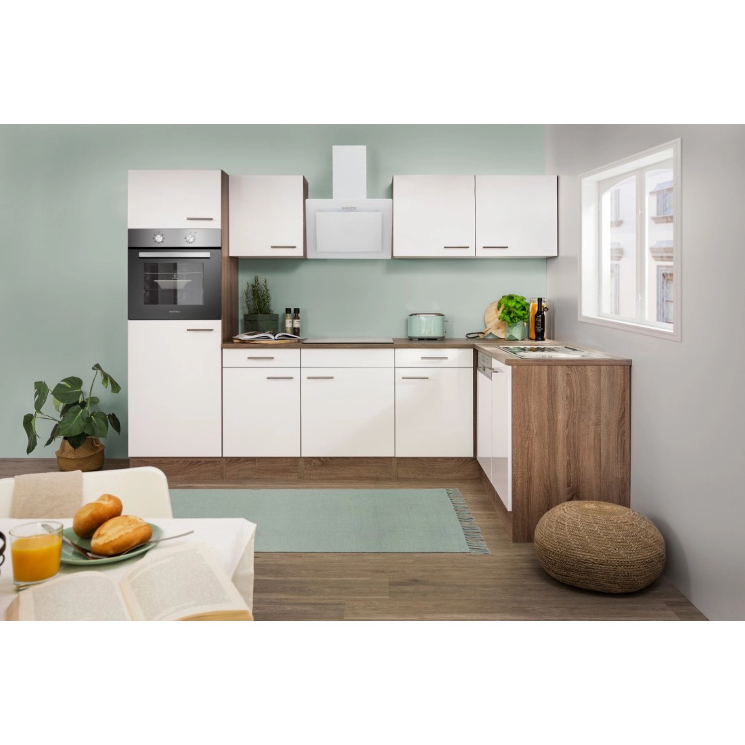 Respekta Winkelküche, 280 cm, Weiß Seidenglanz/Eiche York Nachbildung, mit E-Geräten.