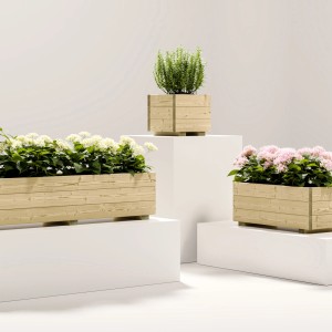 Pflanzkübel Grinzing aus kesseldruckimprägnierter Fichte, quadratisch, mit Bepflanzung.