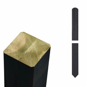 Schwarzer Zaunpfosten aus Leimholz Kiefer, 7x7x208 cm, mit sichtbarer Holzmaserung und zwei Endformen.