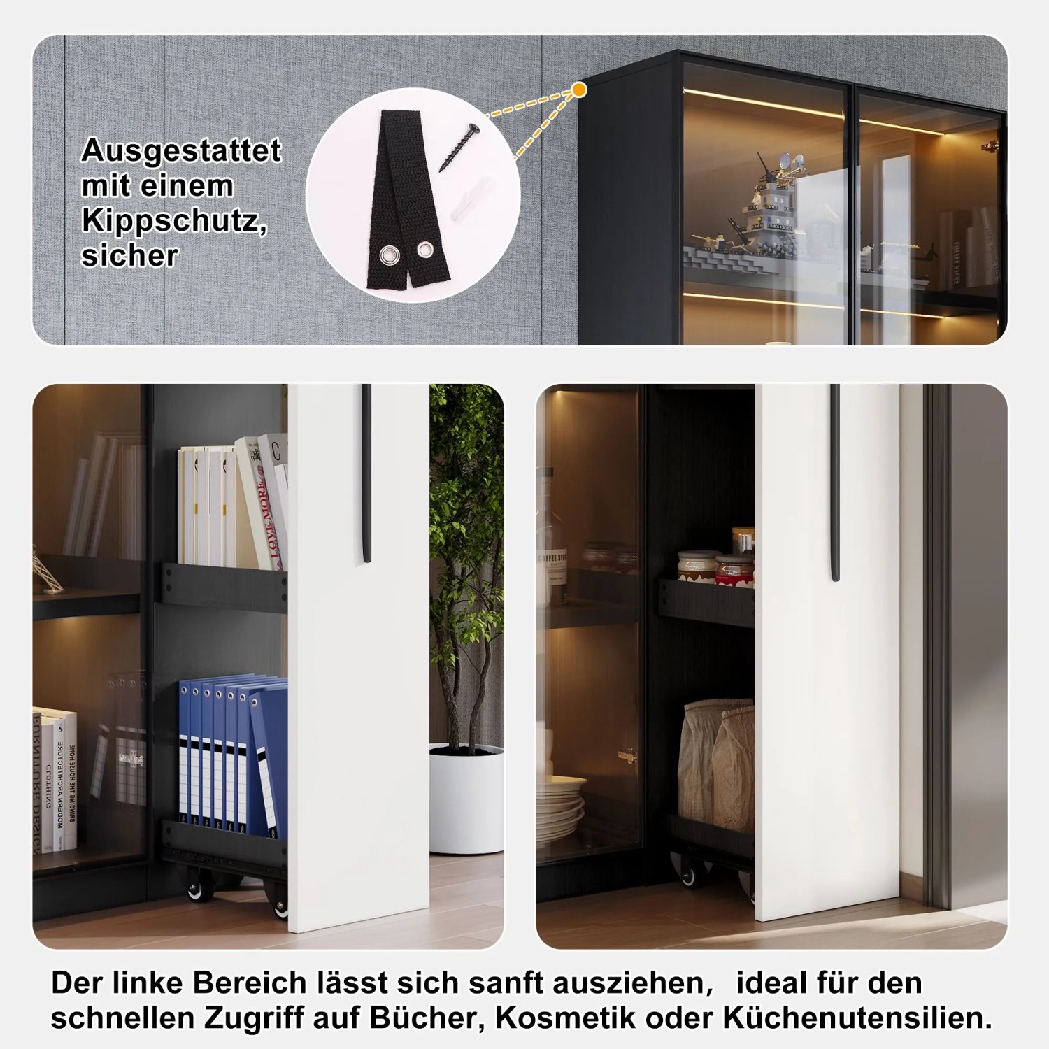 okwish Vitrine mit LED Glastür Rollschrank Esszimmer 110x35x160cm Weiß Schwarz_9