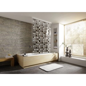 Graues Kleine Wolke Duschrollo mit Karomuster in Badezimmer-Szene, 128x240 cm.