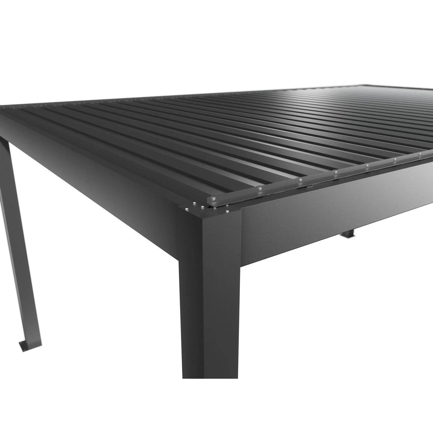 Detailansicht der Biohort Pergola 5,5 m x 3,5 m in Quarzgrau-Metallic. Terrassenüberdachung mit Lamellen.