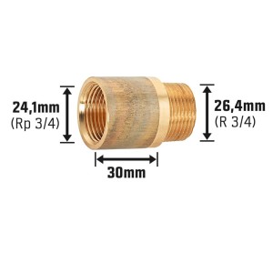 Hahnverlängerung aus Rotguss, 24,1 mm x 26,4 mm, 30 mm lang, für Gewindefittings.