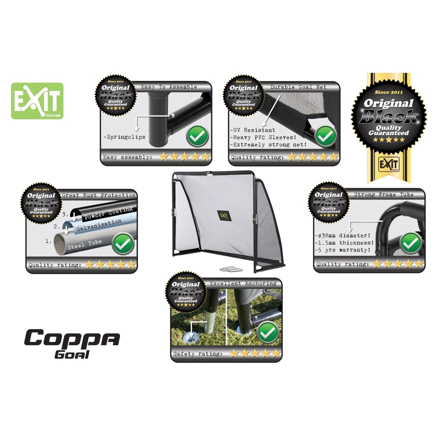 EXIT Coppa Fußballtor, Stahl, 220x170cm, schwarz. Robustes Tor mit Trainingswand für Spiel & Spaß.