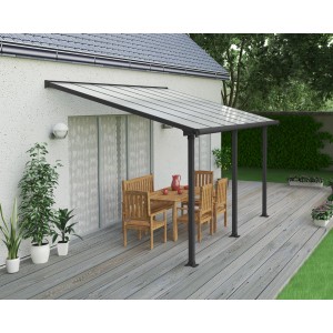 Moderne Palram Olympia Terrassenüberdachung 3x4.3 in Anthrazit mit klarem Dach und Sitzgruppe auf Terrasse.