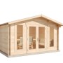 Unbehandeltes Alpholz Gartenhaus Mirko Modern, 380x272cm, mit 40mm Wandstärke und großen Fensterfronten.