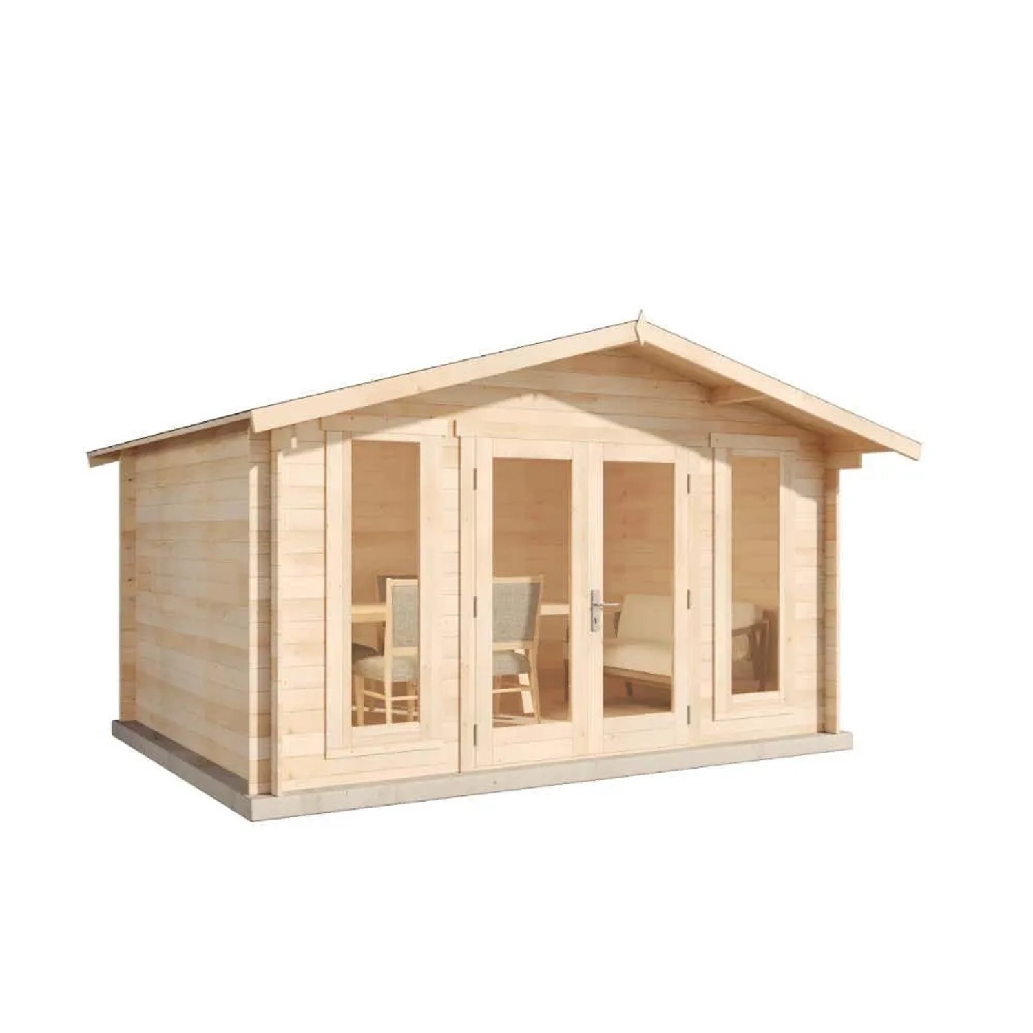 Unbehandeltes Alpholz Gartenhaus Mirko Modern, 380x272cm, mit 40mm Wandstärke und großen Fensterfronten.