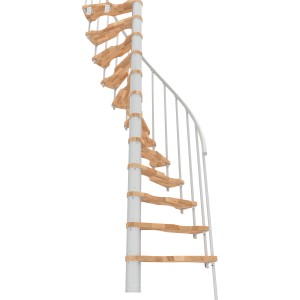 Weiße Minka Spindeltreppe Suono Smart mit Buchenholzstufen, platzsparend für Innentreppen.