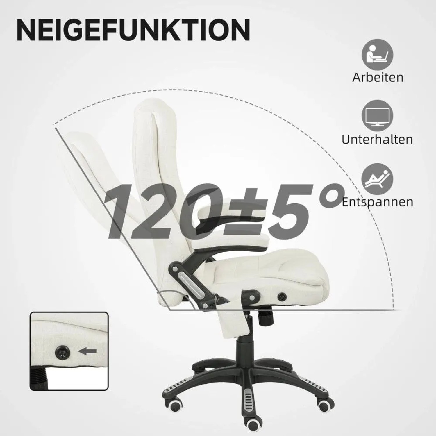 Cremeweißer Vinsetto Massagestuhl mit verstellbarer Rückenlehne und Neigefunktion für Arbeit, Unterhaltung, Entspannung.