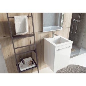 Maximus Waschbecken Cheese/Qubo, 40 cm, Keramik Weiß, mit Unterschrank im Badezimmer.