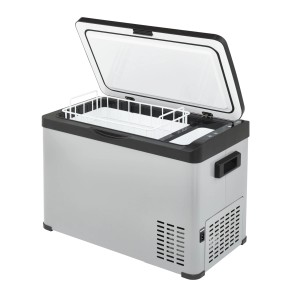 AEG Kompressor-Kühlbox KK 30, grau-schwarz, 30 Liter mit geöffnetem Deckel und herausnehmbarem Korb.