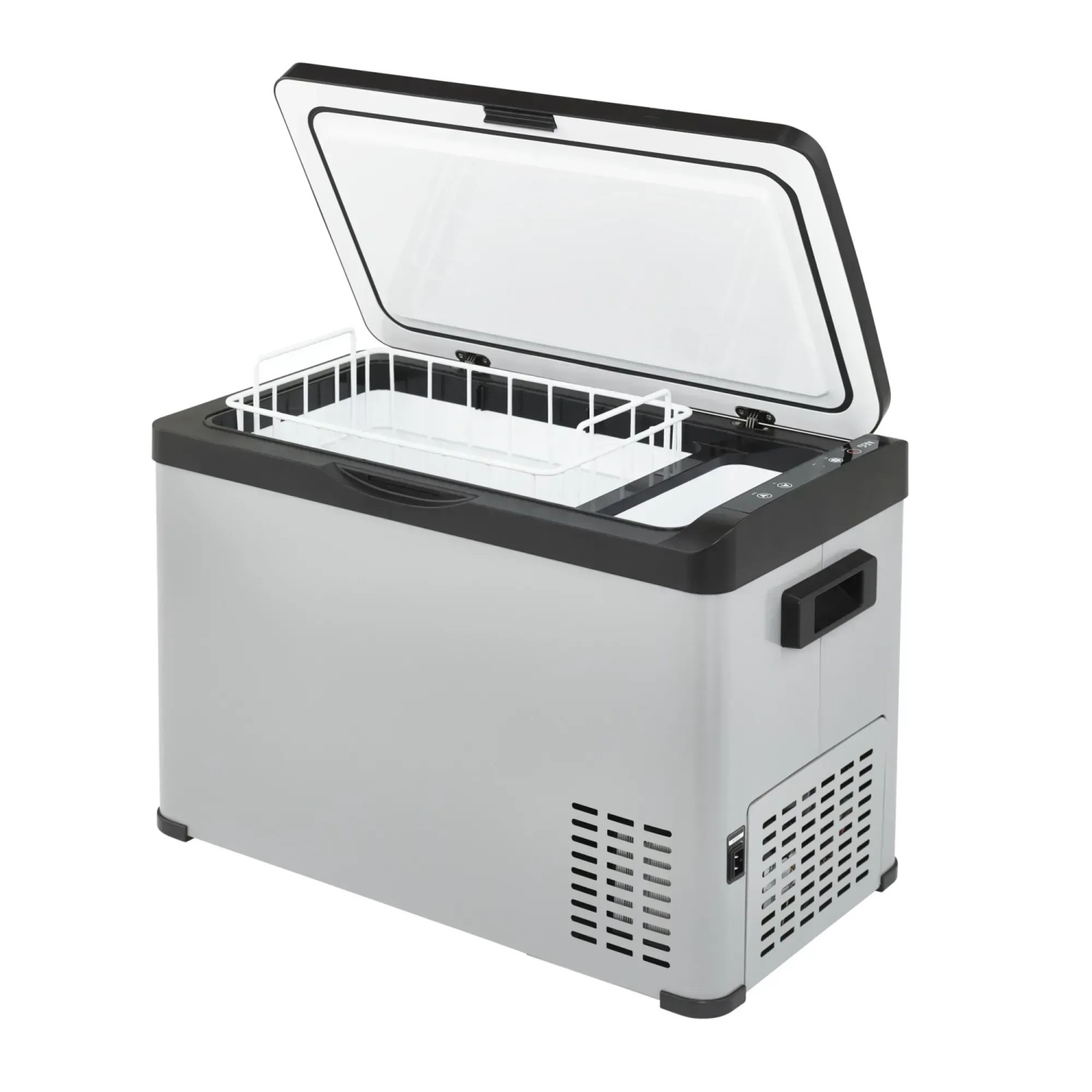 AEG Kompressor-Kühlbox KK 30, grau-schwarz, 30 Liter mit geöffnetem Deckel und herausnehmbarem Korb.