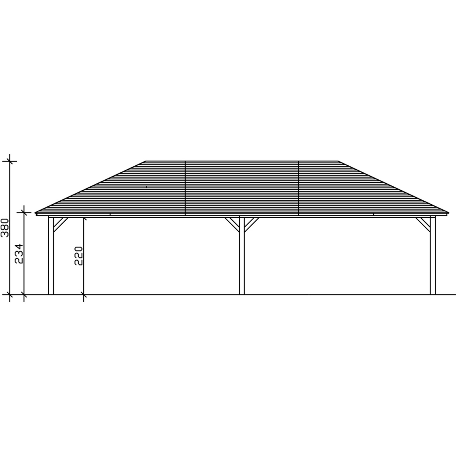 Skizze: Skan Holz Carport Taunus, 1176x634 cm, schiefergrau, Zeltdach, Holzkonstruktion mit Maßangaben.
