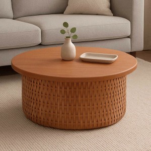 Runder Couchtisch aus Mahagoni mit Rattan-Sockel, Durchmesser 75 cm.