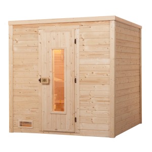 Weka Massivholzsauna Bergen mit Holztür und kleinem Fenster. Fichtenholz natur.