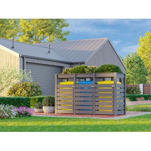 Karibu Mülltonnenunterstand 3 m in Terragrau im Garten, mit drei Mülltonnen.