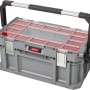 Graue Keter Connect Werkzeugbox mit Tragegriff und transparentem Deckel mit roten Fächern.