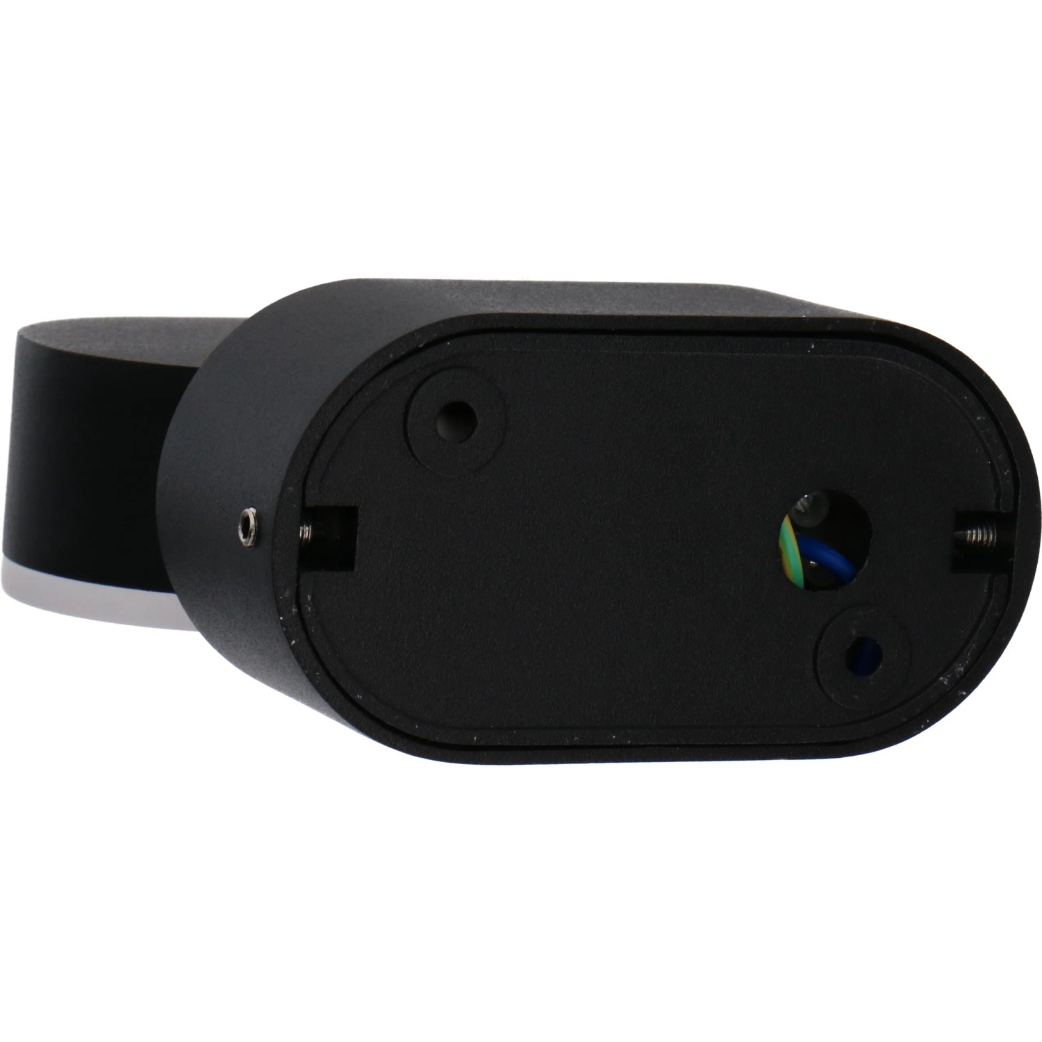 Schwarze, ovale LED Außenwandleuchte, drehbar für flexible Beleuchtung.