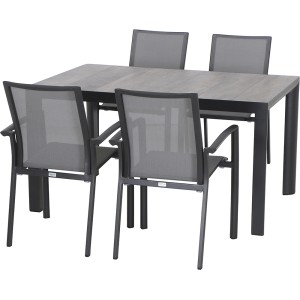 Siena Garden Dining-Set Velia, 5-teilig, mit grauem Tisch und vier anthrazitfarbenen Stühlen.