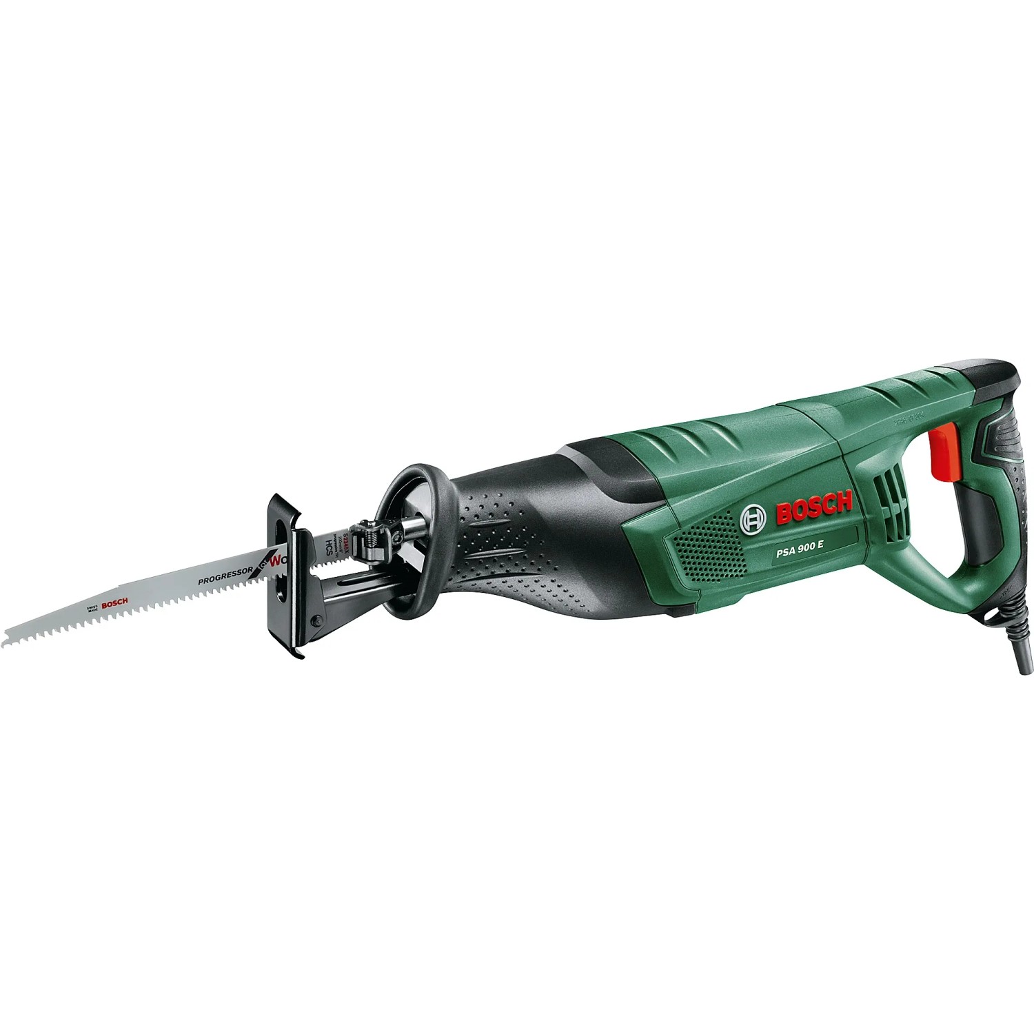 Bosch PSA 900 E Säbelsäge, grün/schwarz, mit eingesetztem Sägeblatt.