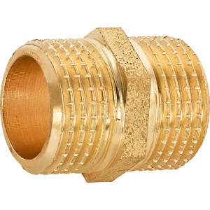 Gewinde-Nippel, 21 mm (R 1/2), aus Messing für Trinkwasser- und Heizungsrohrleitungen.