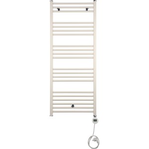 Elektrischer Badheizkörper Winterberg, 600 W, weiß, mit digitalem Thermostat und horizontalen Heizstäben.