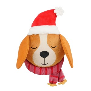 Braunes Weihnachts-Hundekissen mit roter Weihnachtsmütze und Schal. Festliche Dekoration für gemütliche Weihnachtsstimmung.