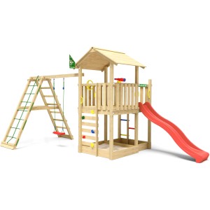 Jungle Gym Spielturm Chateau Holz m. Schaukel Kletterbock und Rutsche Rot