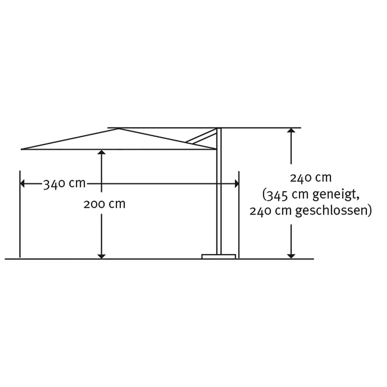 Skizze des Schneider Ampelschirm Rhodos Junior, 270x270 cm, mit Maßangaben.