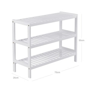 Weißes Songmics Schuhregal aus Bambus mit 3 Ebenen, 26x70x55 cm. Schuhbank für Flur und Garderobe.