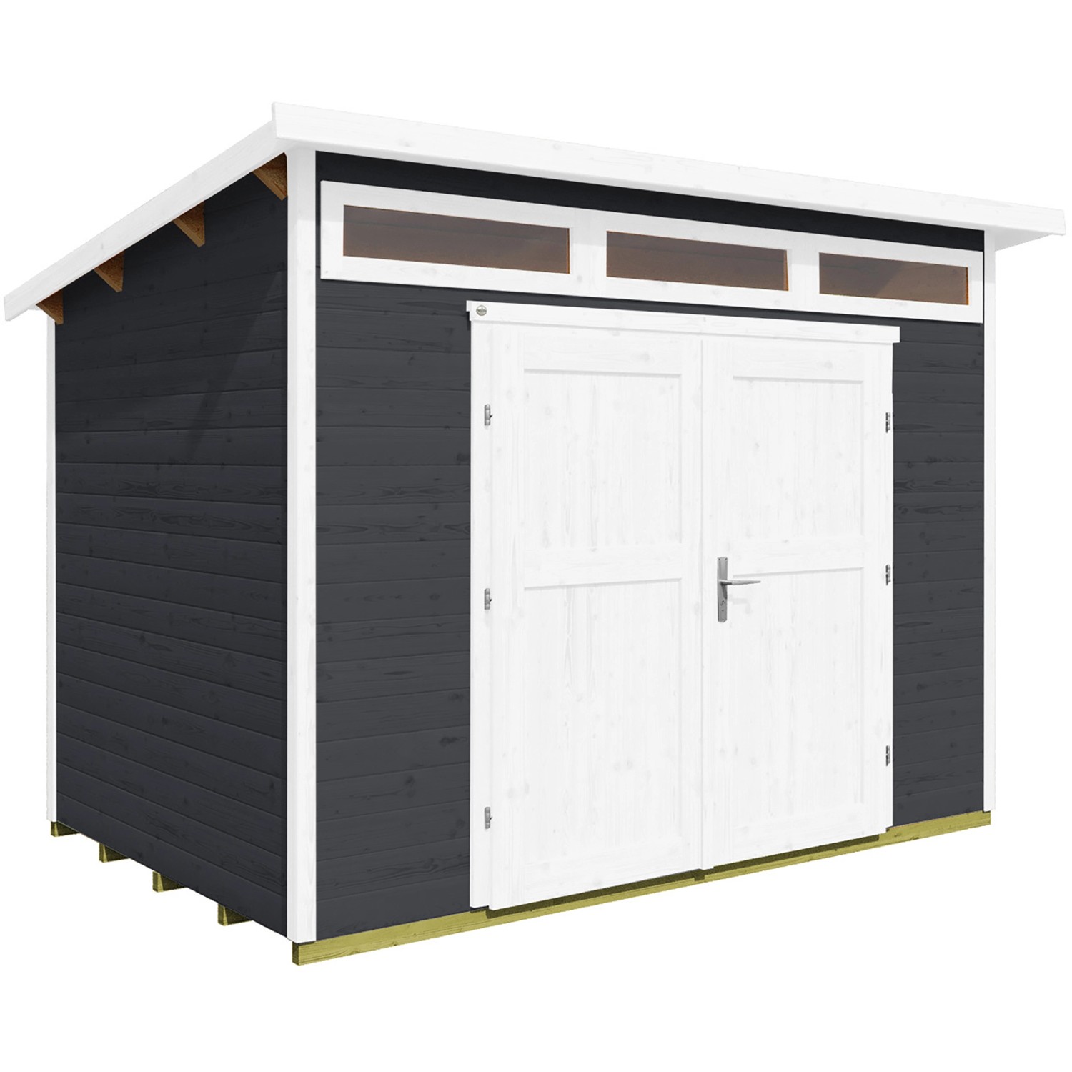 Modernes, anthrazitfarbenes Weka Holz-Gartenhaus mit Pultdach und Doppeltür.