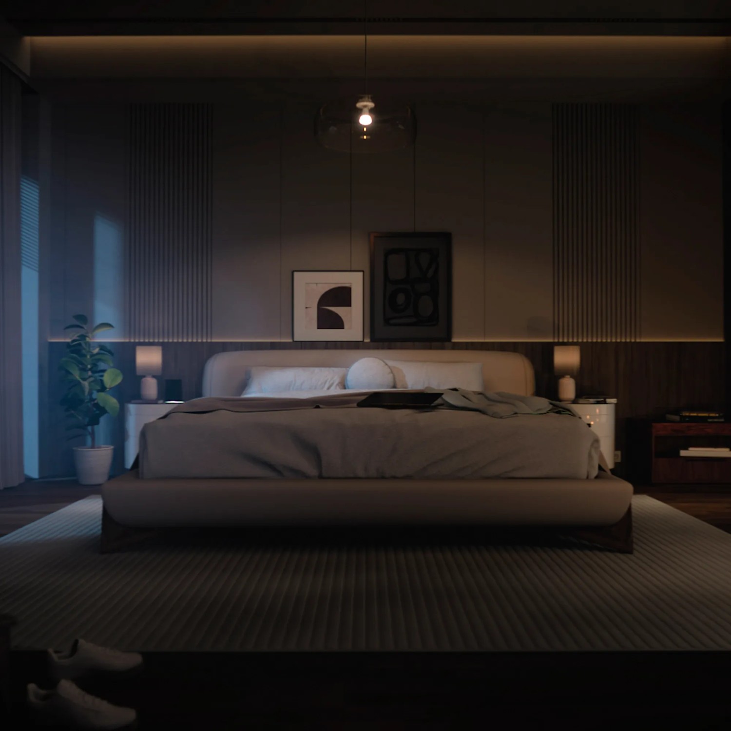 Schlafzimmer mit Philips Hue E27 LED-Leuchtmittel 3er-Pack, warmweiß bis tageslichtweiß.