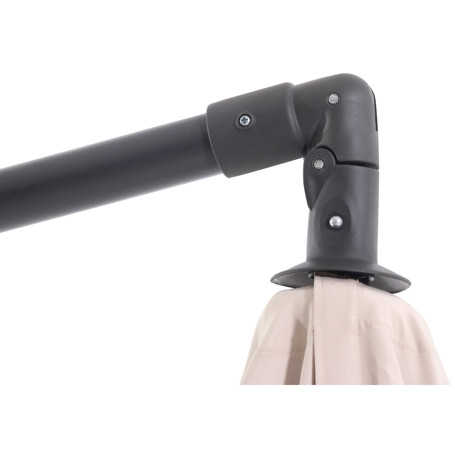 Detailaufnahme: Gelenkstück des beigen Ampelschirm Alvarado Ø 300 cm mit Kurbel.