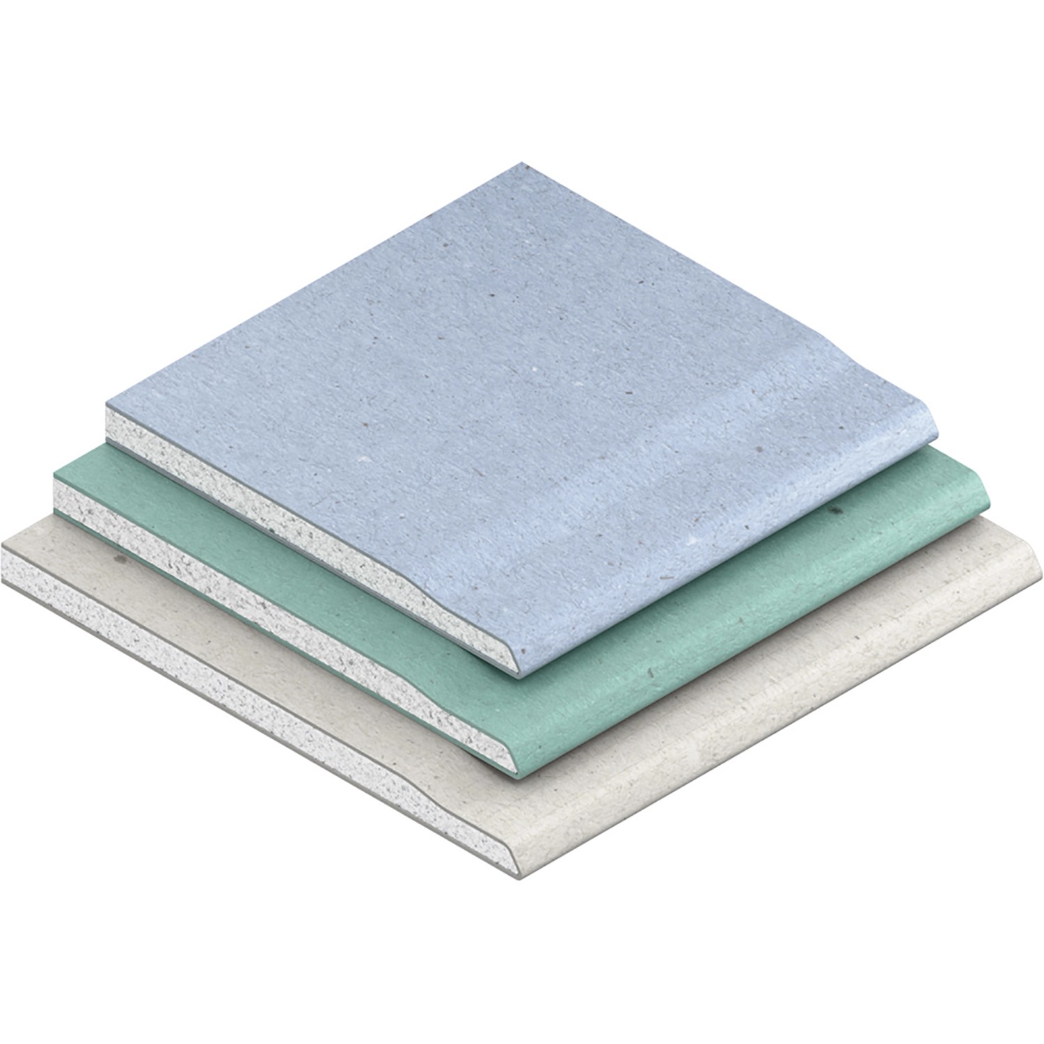 Stapel verschiedener Gipskartonplatten in blau, grün und beige.