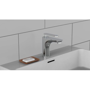 Schütte Waschtischarmatur Orca Chrom auf einem weißen Waschbecken.