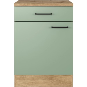 Flex-Well Unterschrank Cara, 60 cm, Schilfgrün/Artisan Eiche, mit Schublade und Tür.