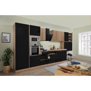 Respekta Premium Küchenzeile, 445 cm, Schwarz/Eiche NB, grifflos, mit E-Geräten.