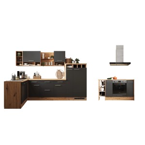 Respekta Winkelküche Hilde 310x172 cm in Grau mit Kücheninsel und Elektrogeräten.