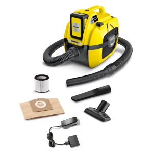 Kärcher Akku-Mehrzwecksauger WD 1 Compact Battery Set mit Zubehör wie Düsen, Filter und Ladegerät.