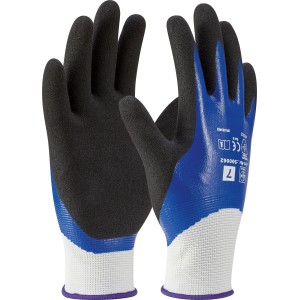 Blaue Gartenhandschuhe mit Nitril-Vollbeschichtung, Größe 7, für Gartenarbeiten.