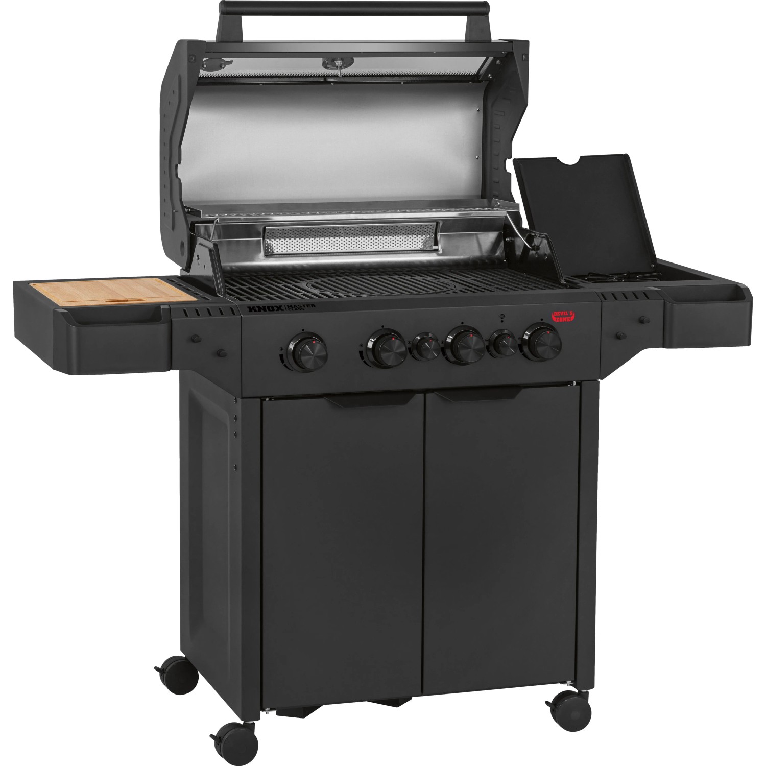 Jamestown Gasgrill KNOX Master Class mit 4 Brennern und Abdeckhaube. Grillwagen mit Seitenbrenner und Schneidebrett.