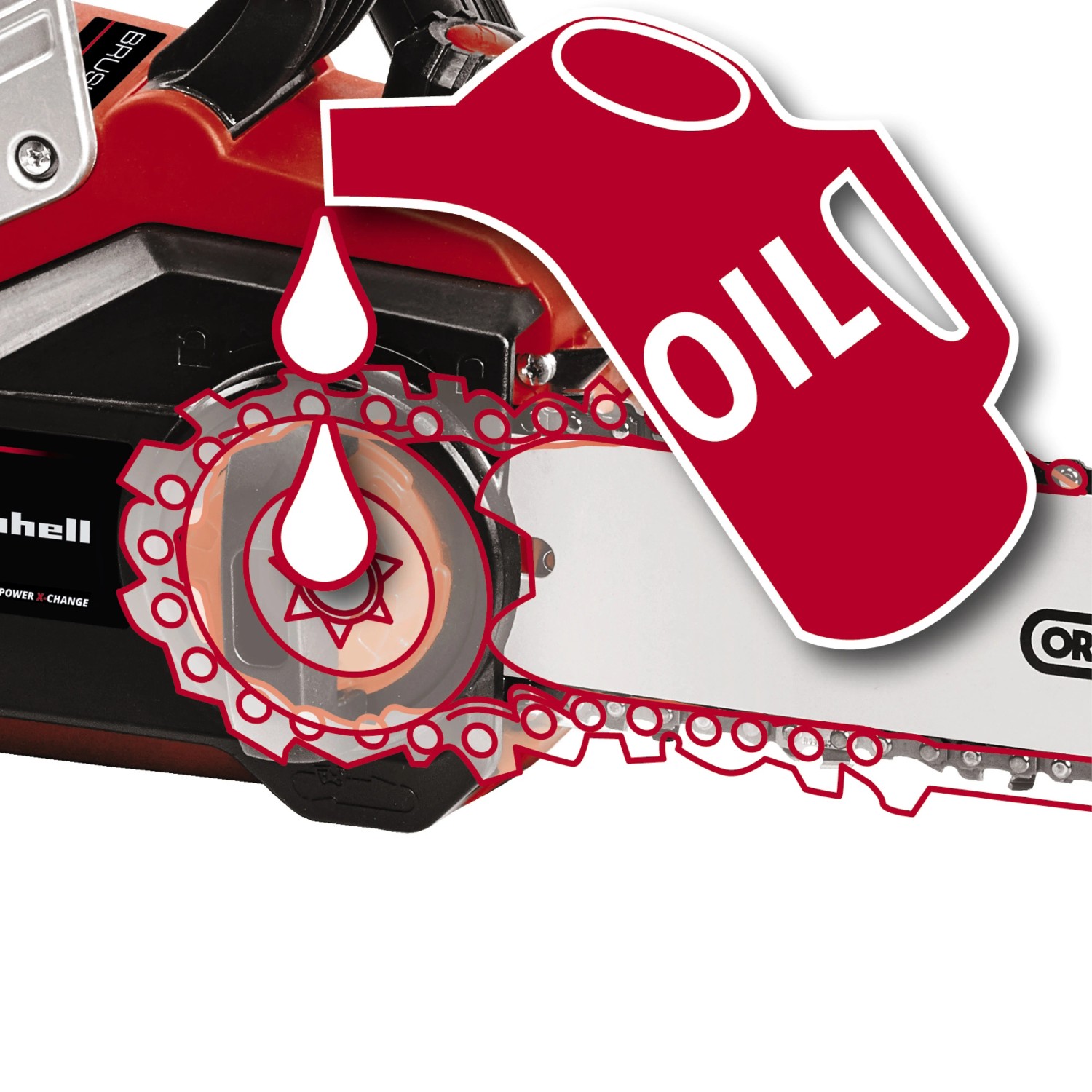Detailaufnahme: Einhell Akku-Kettensäge GP-LC 36/35 Li-Solo mit Öl-Symbol für Kettenschmierung.