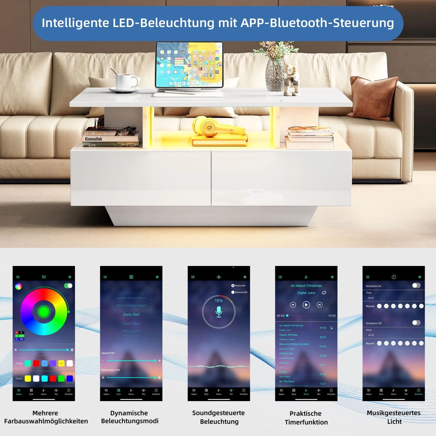 okwish Couchtisch mit LED 2 Schubladen Stauraum 90x55x41cm Hochglanz Weiß_8