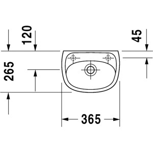 Technische Zeichnung Duravit Handwaschbecken Duraplus Compact, Maße 36,5x26,5cm, Hahnloch links/rechts.